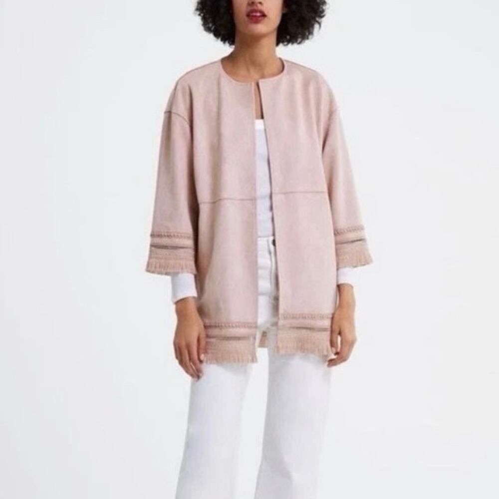 New Zara Faux Suede Blush Pink Open Sweater Festival Western Boho Fringe Small